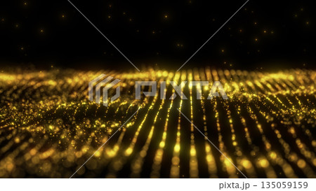 Abstract golden particle wave field with glowing depth and smooth flowing surface. Elegant digital background with rich light texture. Abstract golden particle wave field with glowing depth and smooth flowing surface. Elegant digital background with rich light texture. 135059159