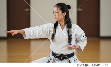 道場で手刀受けの構えをとる真剣な表情の日本人女性 135059246