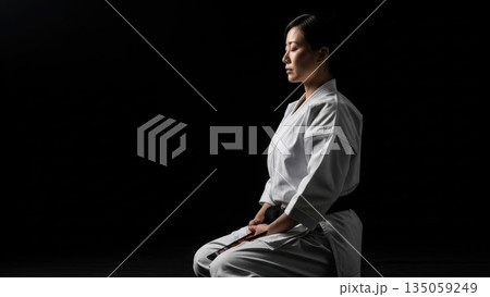 黒背景の中で静かに黙想する空手着の日本人女性 135059249