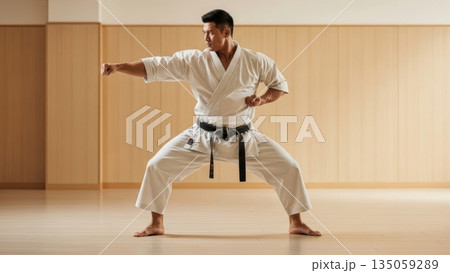 道場で鋭い正拳突きを繰り出す黒帯の日本人男性空手家 135059289