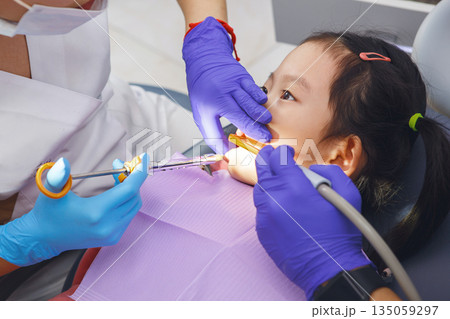 Little Girl Getting Her Teeth Checked by Dentist Before that Gets Dose of Anesthetic Injection 135059297