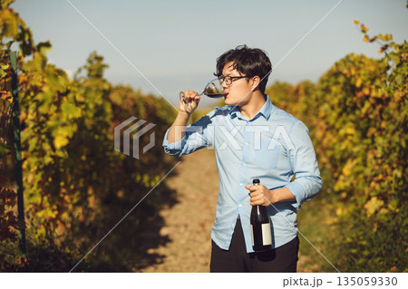 Man Drinking Red Wine in Vineyard 135059330