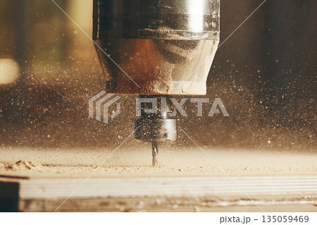 CNC milling machine. Machine tool in wood factory with drilling machines. CNC milling machine. Machine tool in wood factory with drilling machines. 135059469