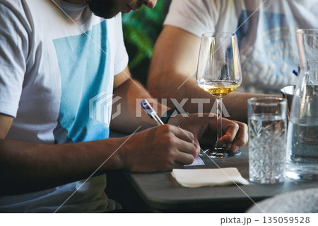 Sommelier school. Professional wine waiters are trained, close up. Winemaking courses, wine tasting.  135059528