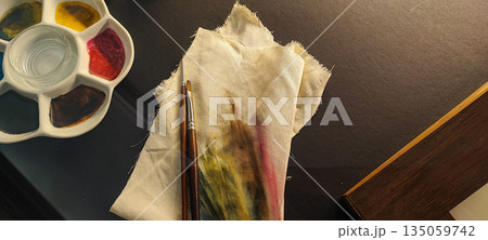 A vibrant watercolor palette, brushes, and stained fabric on a dark background. Concepts of artistic expression, creativity, inspiration, handicrafts, and hobbies. 135059742