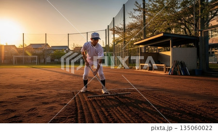 夕暮れのグラウンドでトンボを使って整備をする野球少年 夕暮れのグラウンドでトンボを使って整備をする野球少年 135060022