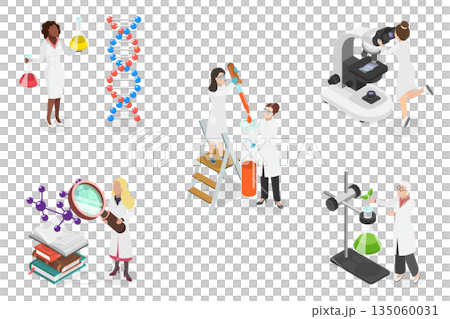 3D Isometric Flat Set of Scientific Women, Science Research Scenes 3D Isometric Flat Set of Scientific Women, Science Research Scenes 135060031