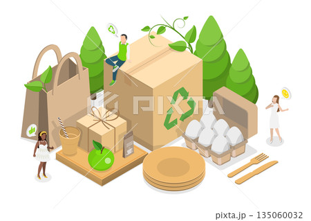3D Isometric Flat  Illustration of Recyclable Sustainable Packaging, Biodegradable Materials 135060032