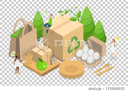 3D Isometric Flat  Illustration of Recyclable Sustainable Packaging, Biodegradable Materials 135060032