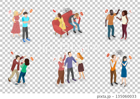 3D Isometric Flat  Illustration of Couple Conflict Scenes, Miscommunication And Understanding Issues 135060033