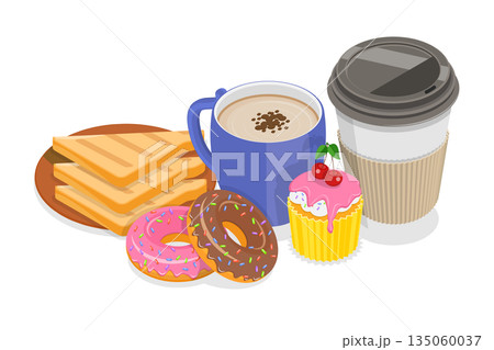 3D Isometric Flat  Illustration of Breakfast Drinks and Pastries, Tasty Dishes Elements 135060037