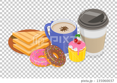 3D Isometric Flat  Illustration of Breakfast Drinks and Pastries, Tasty Dishes Elements 135060037