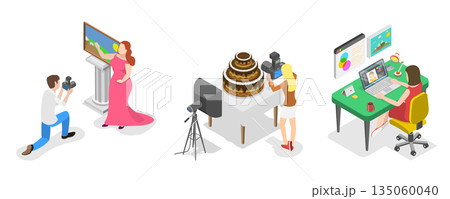 3D Isometric Flat  Illustration of Professional Photographer, Photo Editing Software 135060040