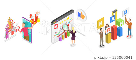 3D Isometric Flat  Illustration of PR Strategy, Brand Reputation 135060041