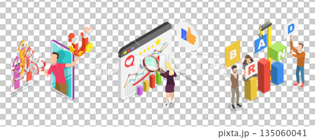3D Isometric Flat  Illustration of PR Strategy, Brand Reputation 135060041