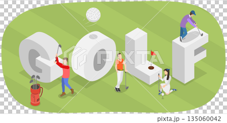 3D Isometric Flat Illustration of Golf Banner, Golfers In Action 3D Isometric Flat Illustration of Golf Banner, Golfers In Action 135060042