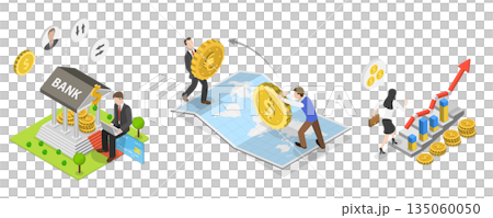 3D Isometric Flat  Illustration of Market Analysis, Finances Management Service 135060050