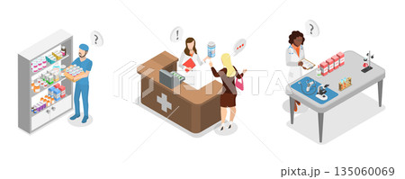 3D Isometric Flat  Illustration of Distribution of Pharm Products , Pharmacy Store 135060069