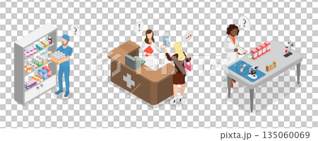 3D Isometric Flat  Illustration of Distribution of Pharm Products , Pharmacy Store 135060069