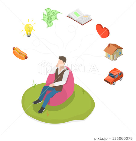 3D Isometric Flat  Illustration of Dreaming, Man is Daydreaming About a Bunch of Things 135060079