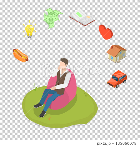 3D Isometric Flat  Illustration of Dreaming, Man is Daydreaming About a Bunch of Things 135060079
