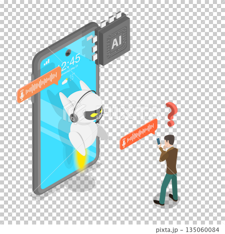 3D Isometric Flat  Illustration of Chatbot Assistant, Customer Support Solutions 135060084