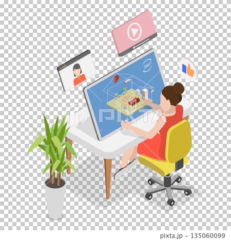 3D Isometric Flat  Illustration of Virtual Open House, Real Estate Tour 135060099