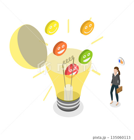 3D Isometric Flat Illustration of Employee Happiness, Reveal Smiling Face Symbol Inside Open Lightbulb 3D Isometric Flat Illustration of Employee Happiness, Reveal Smiling Face Symbol Inside Open Lightbulb 135060113