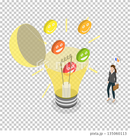 3D Isometric Flat Illustration of Employee Happiness, Reveal Smiling Face Symbol Inside Open Lightbulb 3D Isometric Flat Illustration of Employee Happiness, Reveal Smiling Face Symbol Inside Open Lightbulb 135060113