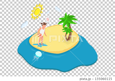 3D Isometric Flat  Illustration of Dangers Of The Sea, Child Endures Jellyfish Attack 135060115