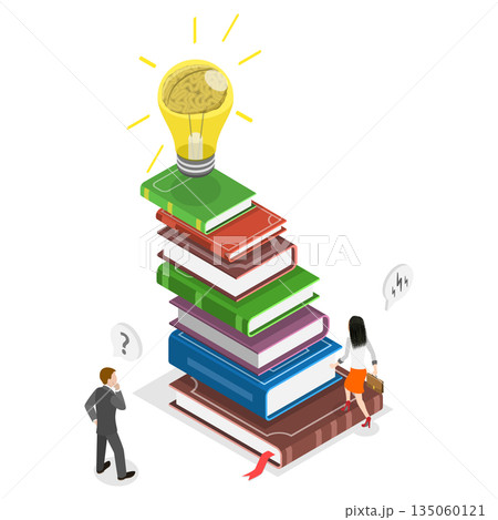3D Isometric Flat Illustration of Self-management, Businessman Ascending Book Stairs With Light Bulb Atop His Head. 3D Isometric Flat Illustration of Self-management, Businessman Ascending Book Stairs With Light Bulb Atop His Head. 135060121