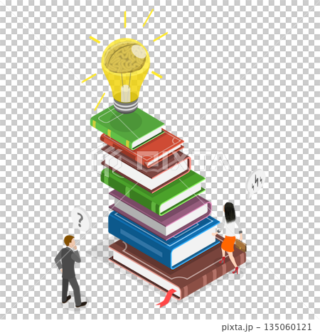 3D Isometric Flat Illustration of Self-management, Businessman Ascending Book Stairs With Light Bulb Atop His Head. 3D Isometric Flat Illustration of Self-management, Businessman Ascending Book Stairs With Light Bulb Atop His Head. 135060121