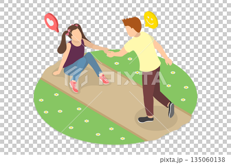 3D Isometric Flat  Illustration of Good Behavior Example, Compassionate Boy Supports Friend After Fall 135060138