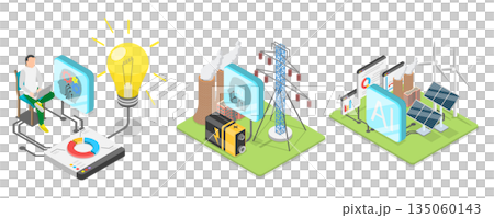3D Isometric Flat  Illustration of Artificial Intelligence In Energy Production, AI-Power Consumption 135060143