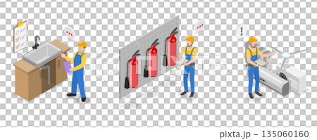 3D Isometric Flat  Illustration of Safety Regulations and Health Inspection, Utilities Inspection 135060160
