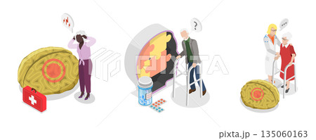 3D Isometric Flat  Illustration of Age Related Changes, Elderly Brain Activity Problems 135060163
