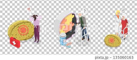 3D Isometric Flat  Illustration of Age Related Changes, Elderly Brain Activity Problems 135060163