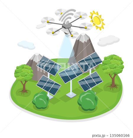 3D Isometric Flat  Illustration of Drone Inspector, Automatic Technical Checkup 135060166