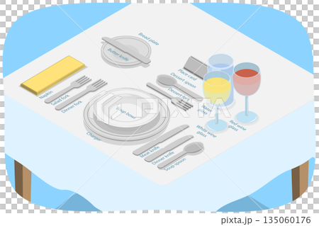 3D Isometric Flat Illustration of Table Setting, Rules of Conduct with Cutlery 3D Isometric Flat Illustration of Table Setting, Rules of Conduct with Cutlery 135060176