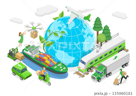 3D Isometric Flat Illustration of Green Logistics, Eco-Friendly Logistics And Sustainable Delivery Concept 3D Isometric Flat Illustration of Green Logistics, Eco-Friendly Logistics And Sustainable Delivery Concept 135060181