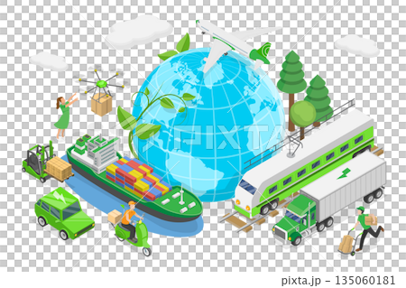 3D Isometric Flat Illustration of Green Logistics, Eco-Friendly Logistics And Sustainable Delivery Concept 3D Isometric Flat Illustration of Green Logistics, Eco-Friendly Logistics And Sustainable Delivery Concept 135060181
