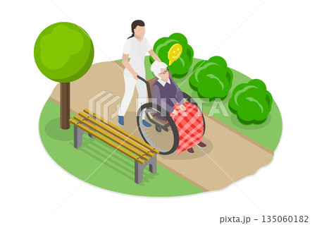 3D Isometric Flat Illustration of Elderly Care, Caring For Disabled Elderly Individuals 3D Isometric Flat Illustration of Elderly Care, Caring For Disabled Elderly Individuals 135060182