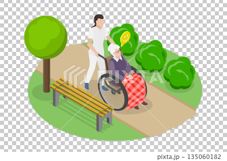3D Isometric Flat Illustration of Elderly Care, Caring For Disabled Elderly Individuals 3D Isometric Flat Illustration of Elderly Care, Caring For Disabled Elderly Individuals 135060182