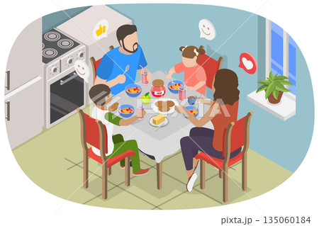 3D Isometric Flat Illustration of Breakfast Together, Joyful Family Sharing Mealtime the Comfort Of Their Home 3D Isometric Flat Illustration of Breakfast Together, Joyful Family Sharing Mealtime the Comfort Of Their Home 135060184