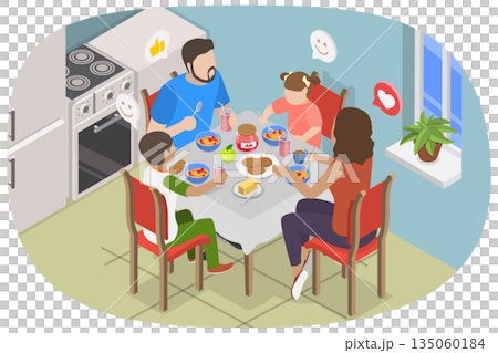 3D Isometric Flat Illustration of Breakfast Together, Joyful Family Sharing Mealtime the Comfort Of Their Home 3D Isometric Flat Illustration of Breakfast Together, Joyful Family Sharing Mealtime the Comfort Of Their Home 135060184