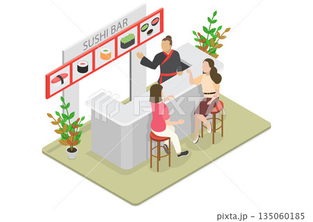 3D Isometric Flat  Illustration of Sushi Bar, Dining On Authentic Japanese Cuisine 135060185