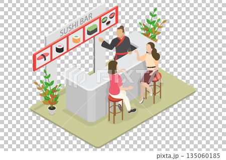 3D Isometric Flat  Illustration of Sushi Bar, Dining On Authentic Japanese Cuisine 135060185