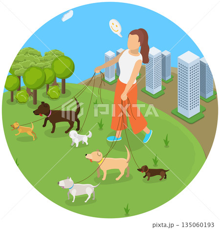 3D Isometric Flat Illustration of Walks With Pets , Woman Strolls With Animals At Park 3D Isometric Flat Illustration of Walks With Pets , Woman Strolls With Animals At Park 135060193