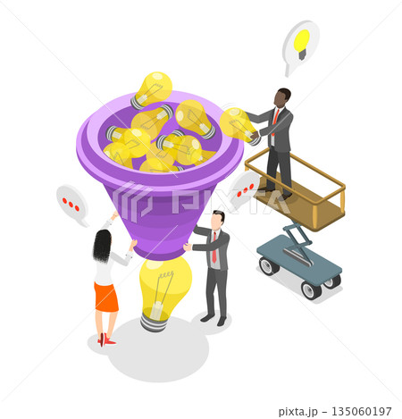 3D Isometric Flat  Illustration of Research or Discover New Idea, Brainstorming With Business People To Cultivate Inspirational Solutions Through Idea Funnel 135060197