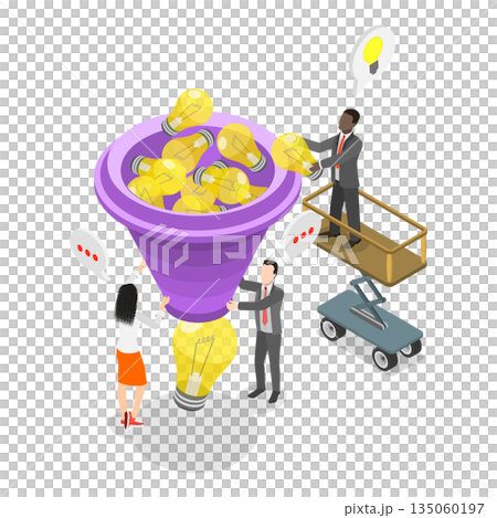 3D Isometric Flat Illustration of Research or Discover New Idea, Brainstorming With Business People To Cultivate Inspirational Solutions Through Idea Funnel 3D Isometric Flat Illustration of Research or Discover New Idea, Brainstorming With Business People To Cultivate Inspirational Solutions Through Idea Funnel 135060197